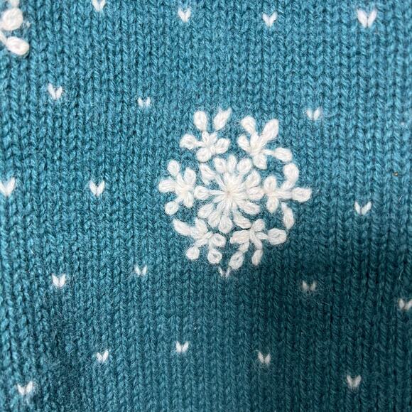 Vintage 90s Size Medium French Blue Wool Snowflake Sweater Mock Neck Cottage - Picture 5 of 8